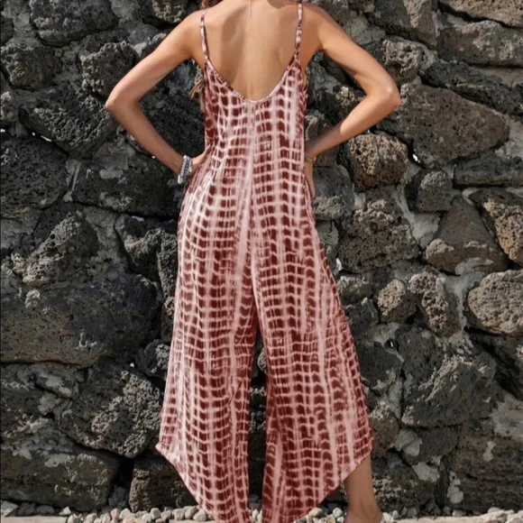 Boho Tie Dye Wide Leg Pants Pocket Jumpsuit - Picture 6 of 11